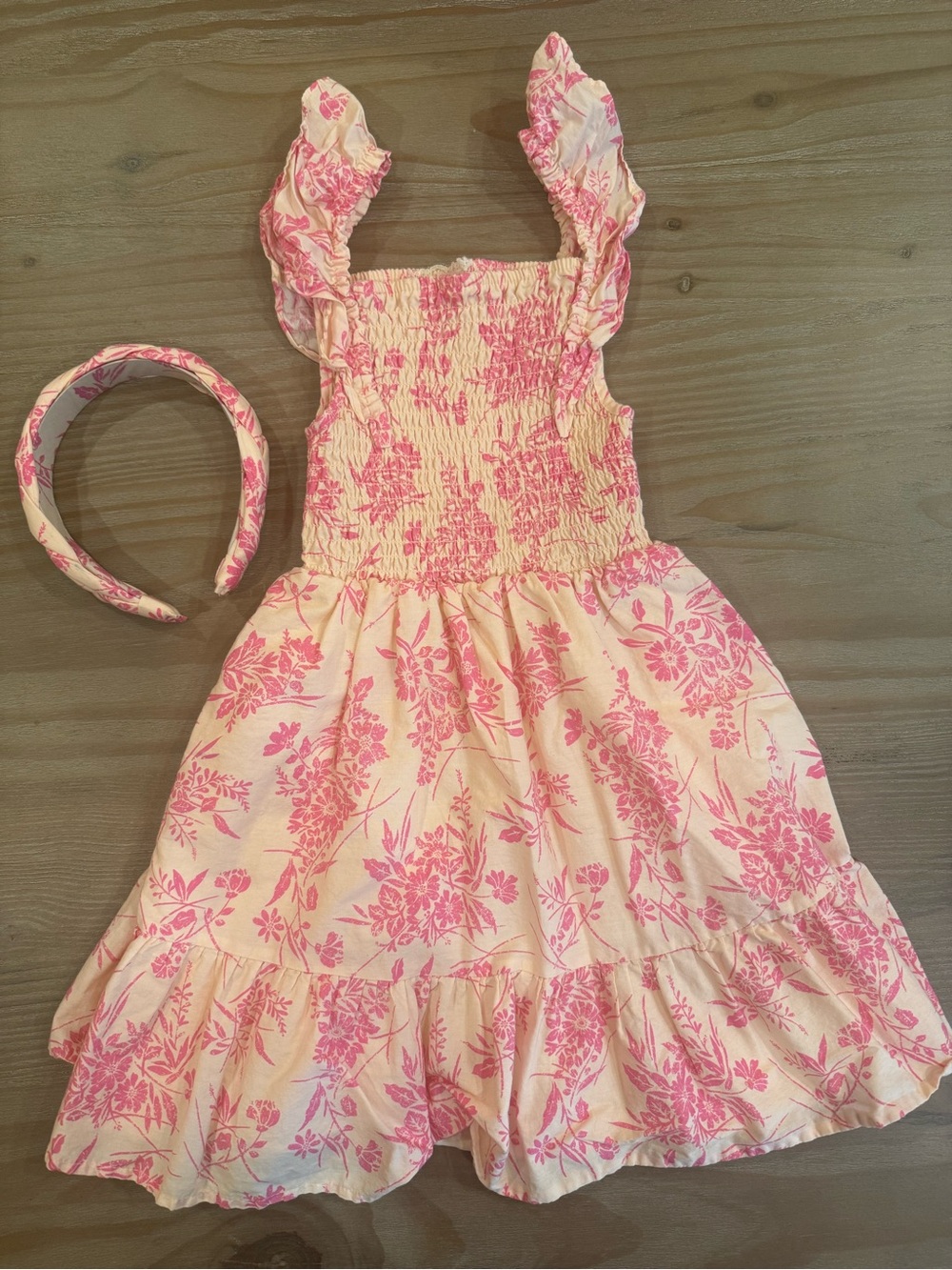 btween Pink Floral Smocked Sundress with Matching Headband